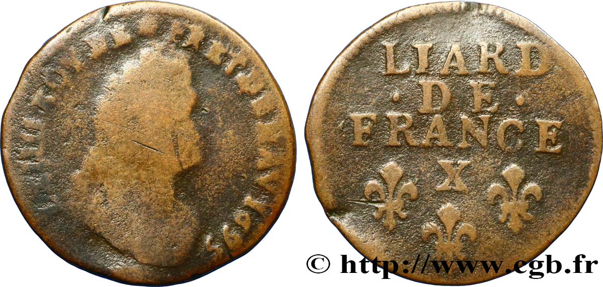 LOUIS XIV  THE SUN KING  Liard, 3e type, buste âgé 1699 Amiens fS
