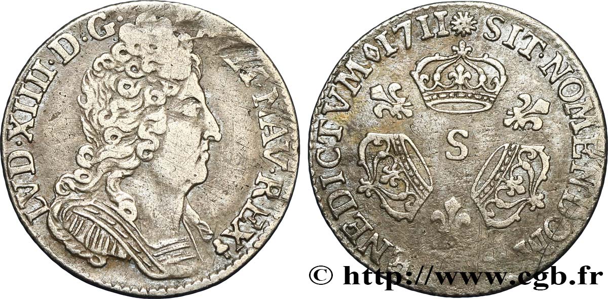 LOUIS XIV  THE SUN KING  Dixième d écu aux trois couronnes 1711 Reims VF