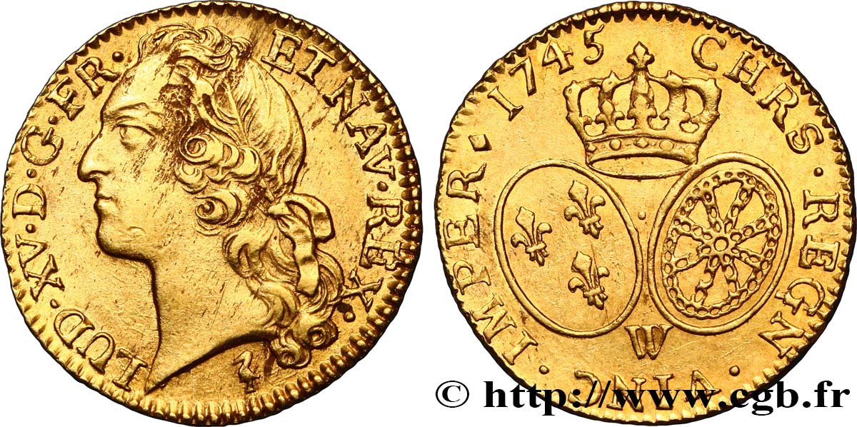 LOUIS XV  THE WELL-BELOVED  Louis d’or aux écus ovales, tête ceinte d’un bandeau 1745 Lille AU/AU