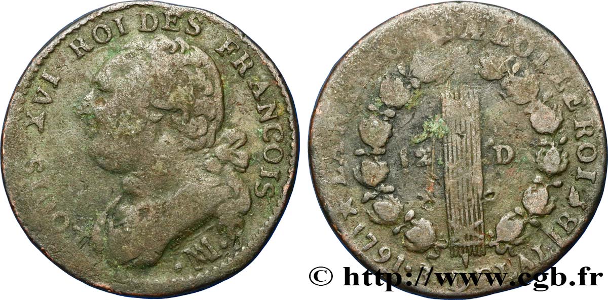 LOUIS XVI (MONARQUE CONSTITUTIONNEL) 12 deniers dit au faisceau , type FRANCOIS 1791 Marseille TB