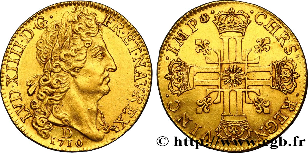 LOUIS XIV  THE SUN KING  Double louis d or au soleil 1710 Lyon SPL