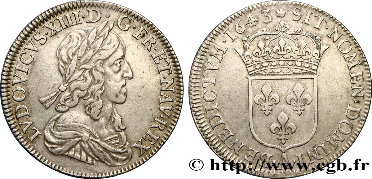 LOUIS XIII LE JUSTE Demi-écu, buste drapé et cuirassé (2e buste de Jean Warin) 1643 Paris, Monnaie de Matignon TTB/TTB+