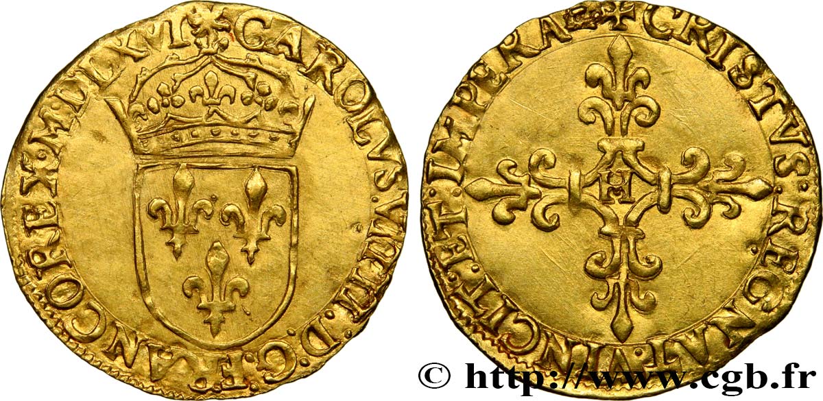 CHARLES IX Écu d or au soleil, 1er type 1566 La Rochelle AU/AU