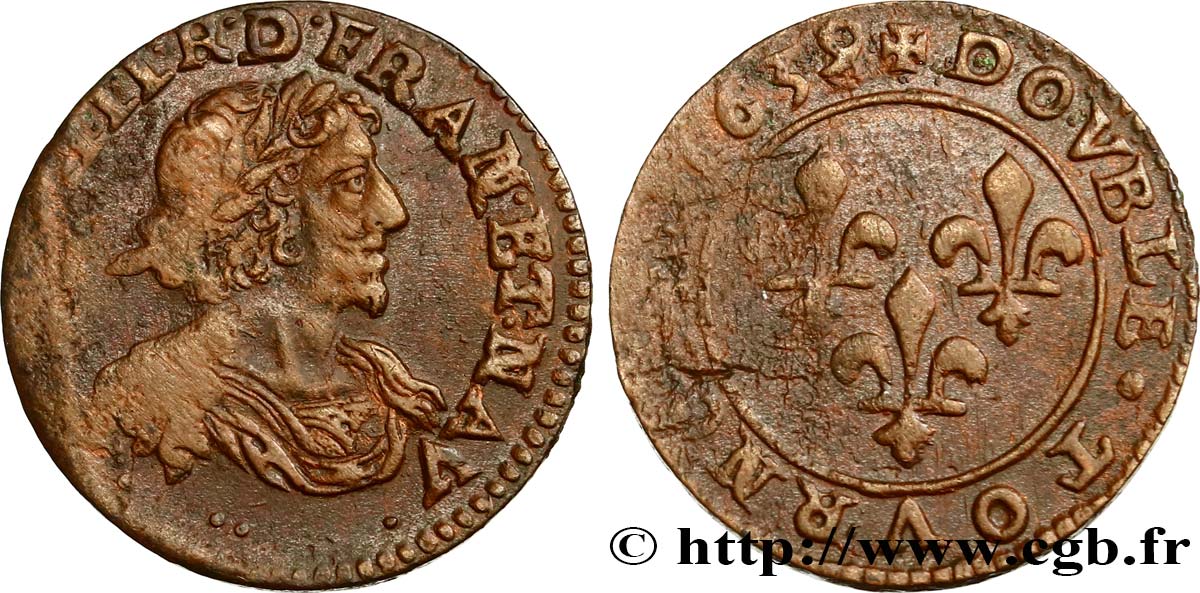 LOUIS XIII LE JUSTE Double tournois au grand buste viril drapé 1639 Vallée du Rhône TTB