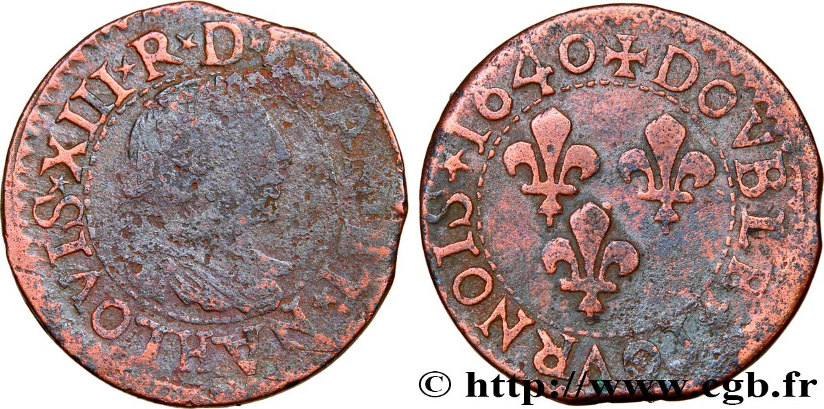 LOUIS XIII  Double tournois, 15e type de La Rochelle 1640 La Rochelle BC