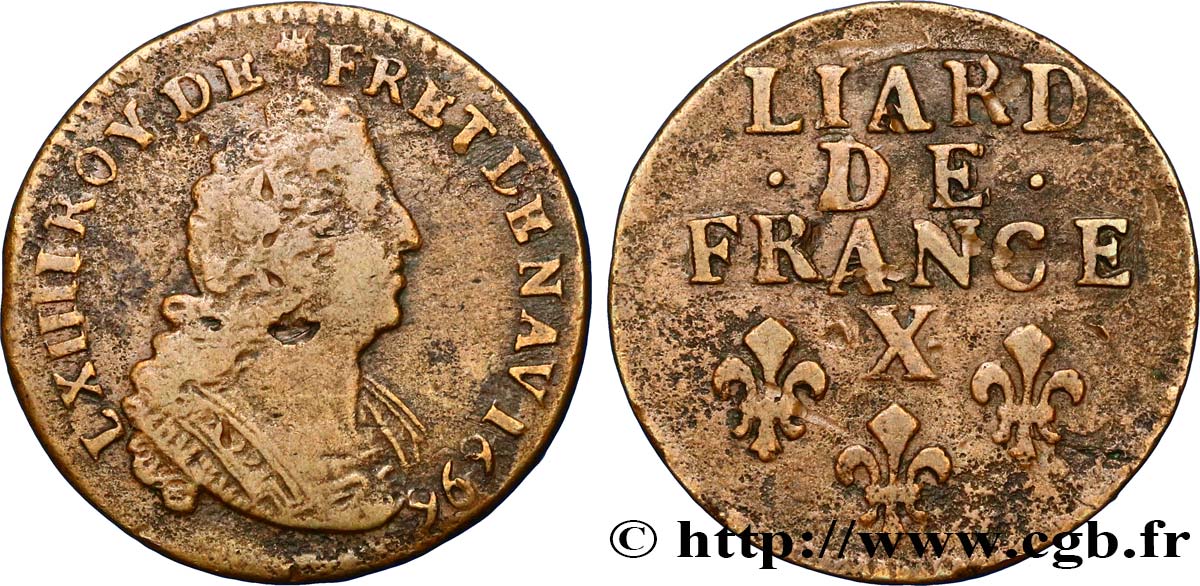 LOUIS XIV LE GRAND OU LE ROI SOLEIL Liard, 3e type, buste âgé 1696 Amiens TB+