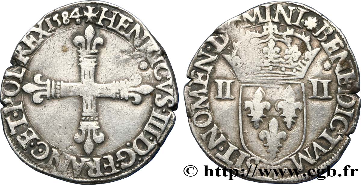 HENRI III Quart d écu, croix de face 1584 Nantes TB+