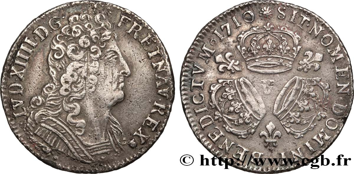 LOUIS XIV  THE SUN KING  Quart d écu aux trois couronnes 1710 Troyes SS