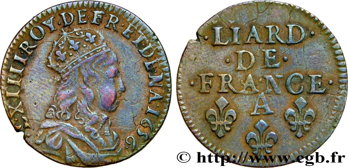 LOUIS XIV LE GRAND OU LE ROI SOLEIL Liard de cuivre, 2e type 1656 Corbeil TTB