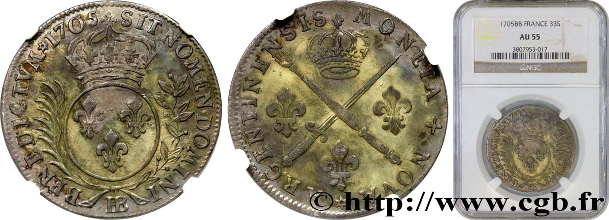 LOUIS XIV  THE SUN KING  Trente-trois sols aux insignes 1705 Strasbourg AU55