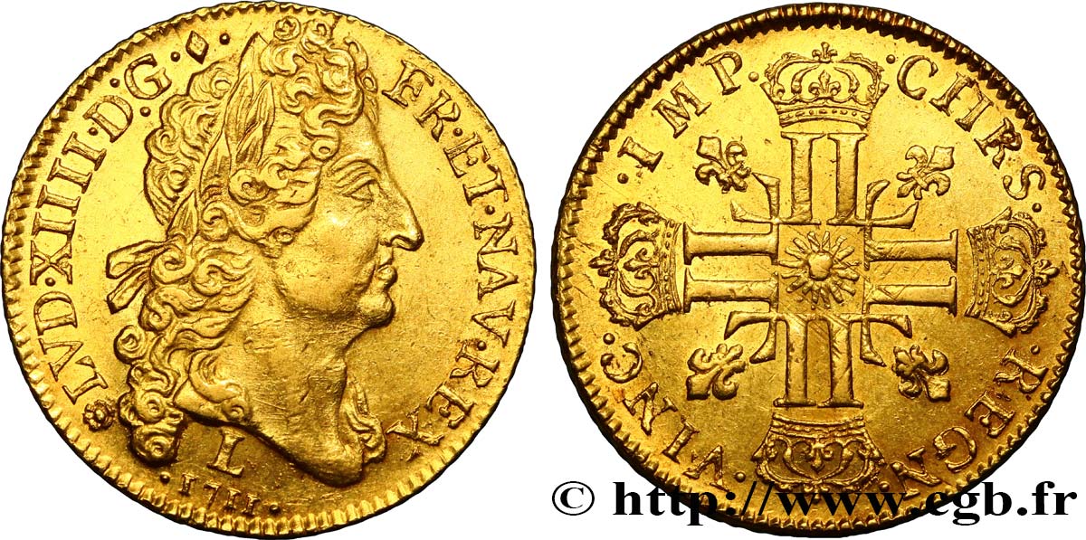 LOUIS XIV  THE SUN KING  Double louis d or au soleil 1711 Bayonne EBC/SC