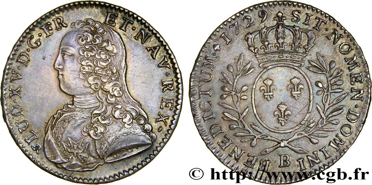 LOUIS XV  THE WELL-BELOVED  Demi-écu aux branches d olivier, buste habillé 1729 Rouen AU