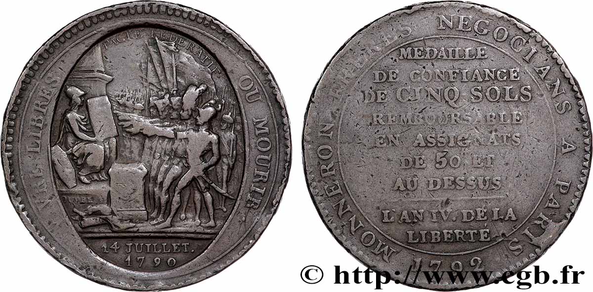 REVOLUTION COINAGE Monneron de 5 sols au serment 1792 VF