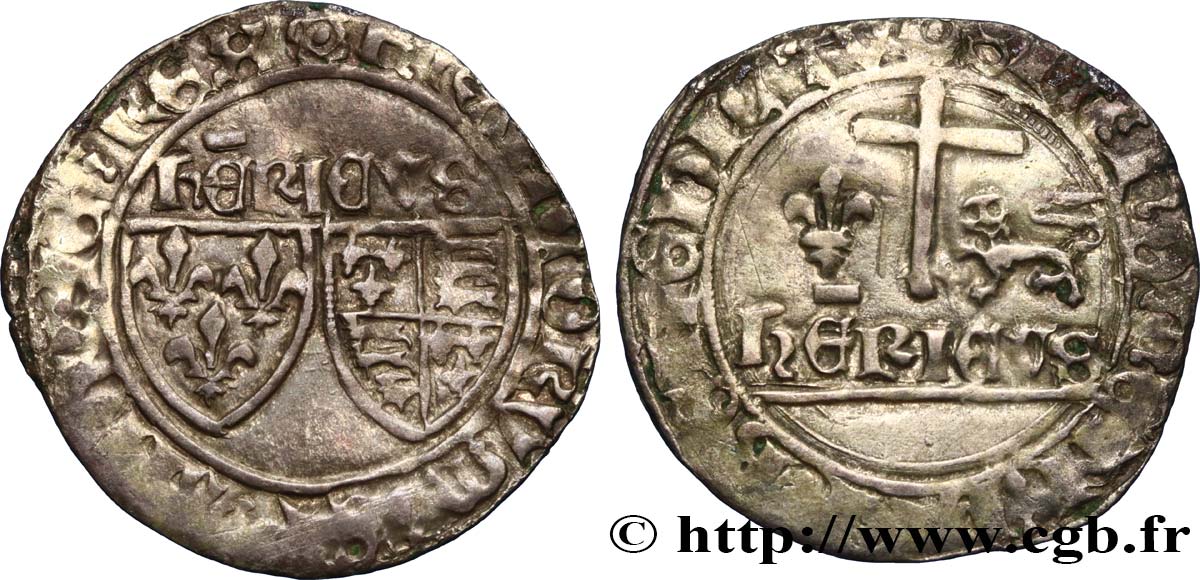 HENRY VI DE LANCASTRE - ROI DE FRANCE (1422-1453) - ROI D ANGLETERRE (1422-1461) et (1470-1471) Blanc aux écus n.d. Troyes TTB