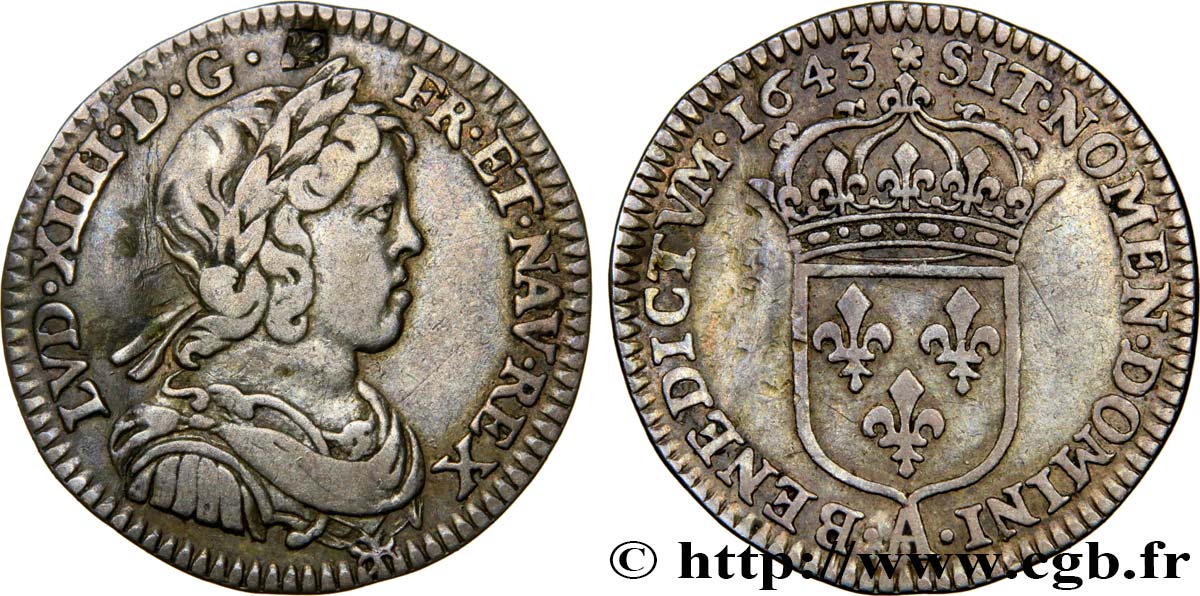 LOUIS XIV LE GRAND OU LE ROI SOLEIL Vingt-quatrième d écu à la mèche courte et légende longue (essai) 1643 Paris, Monnaie de Matignon TTB
