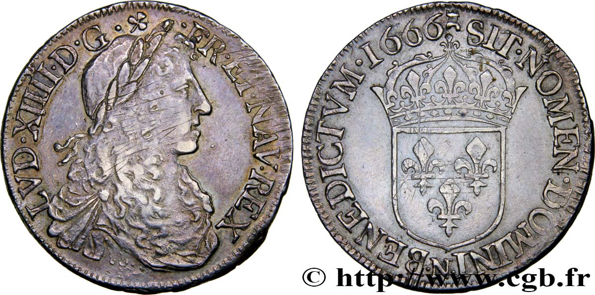 LOUIS XIV  THE SUN KING  Demi-écu, portrait apollinien 1666 Montpellier SS/fVZ