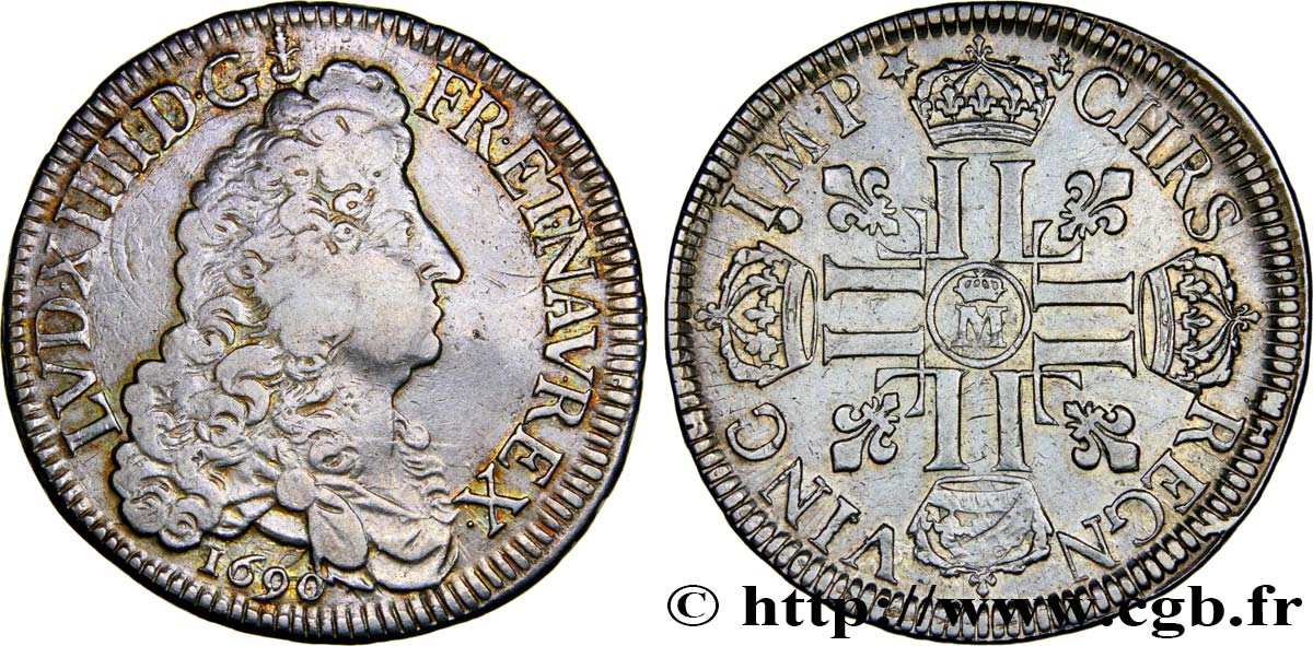 LOUIS XIV  THE SUN KING  Écu aux huit L, 1er type 1690 Metz q.BB/BB