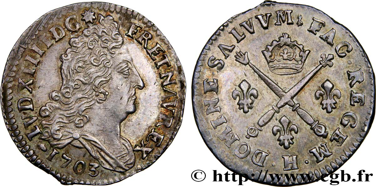LOUIS XIV  THE SUN KING  10 sols aux insignes 1703 La Rochelle VZ