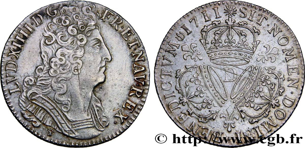 LOUIS XIV  THE SUN KING  Quart d écu aux trois couronnes 1711 Lyon EBC