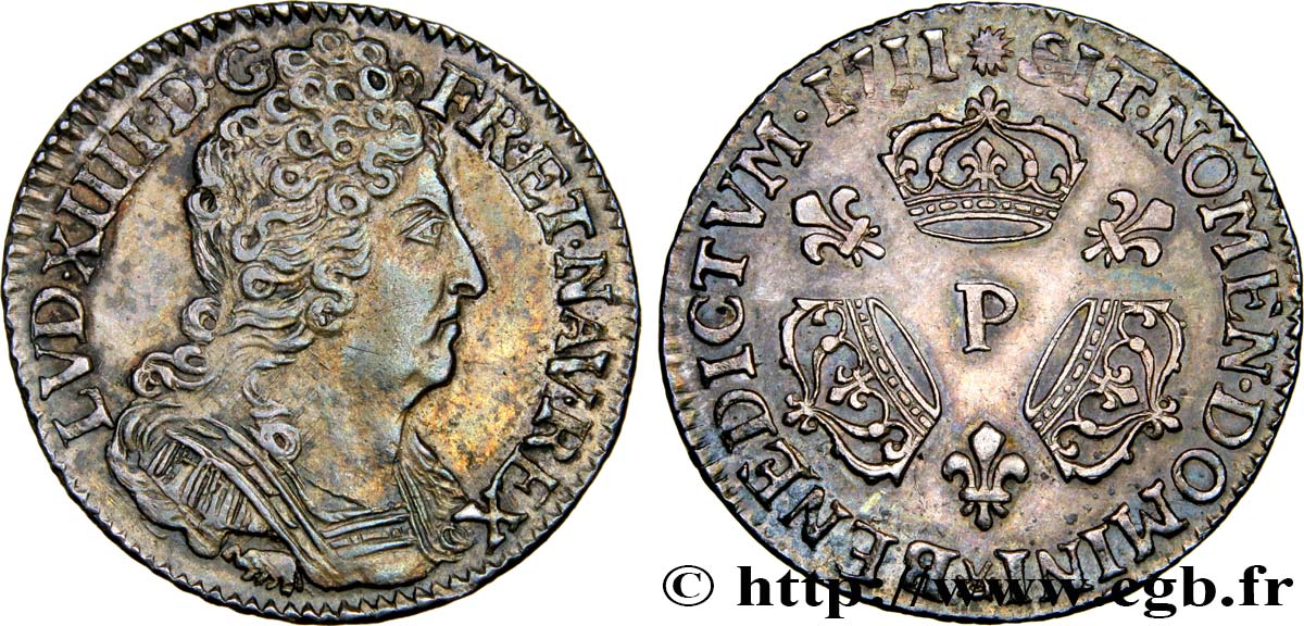 LOUIS XIV  THE SUN KING  Dixième d écu aux trois couronnes 1711 Dijon AU/MS
