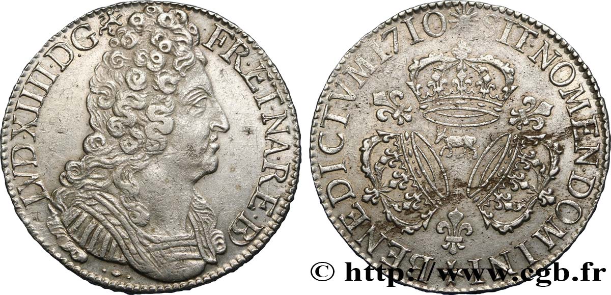 LOUIS XIV  THE SUN KING  Écu aux trois couronnes 1710 Pau MBC+