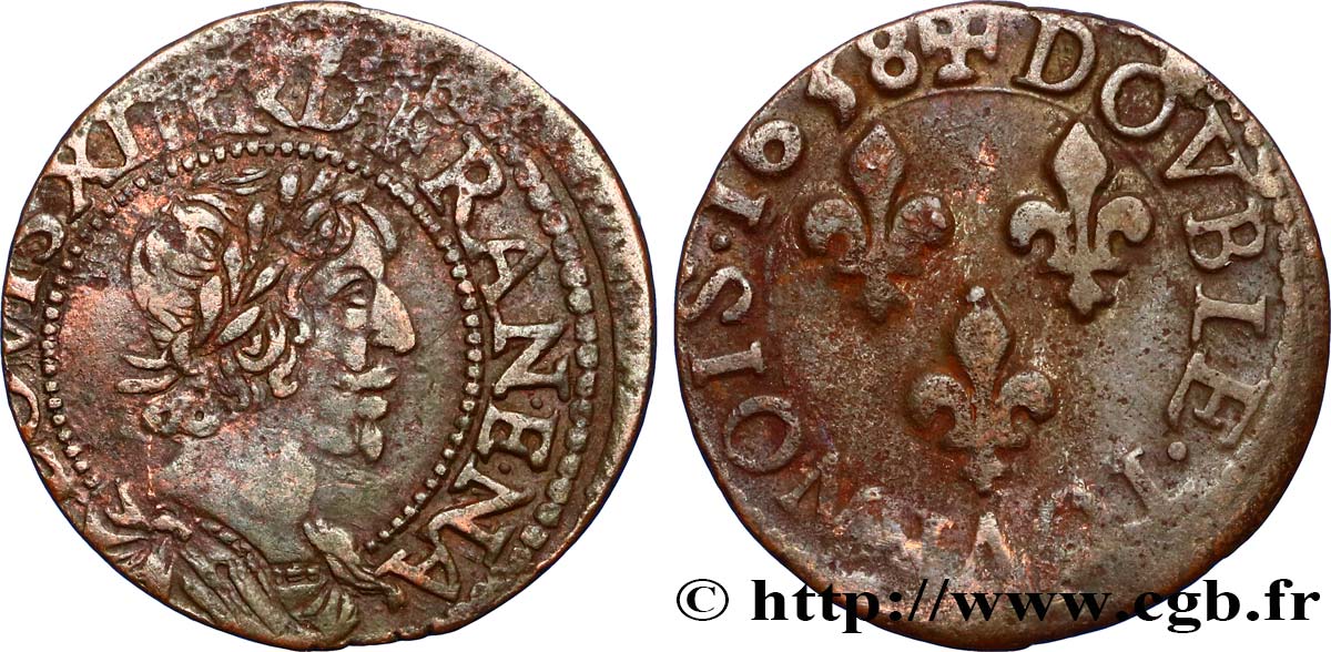 LOUIS XIII LE JUSTE Double tournois, 14e type 1638 Tours TB