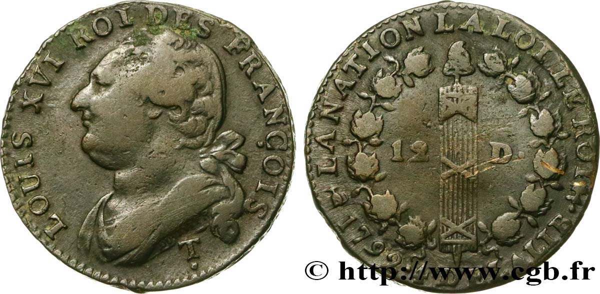 LOUIS XVI (MONARQUE CONSTITUTIONNEL) 12 deniers dit au faisceau , type FRANÇOIS 1792 Saumur TB+