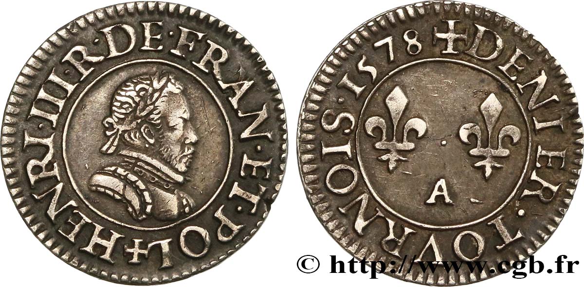HENRY III Essai en argent du denier tournois, 1er type de Paris 1578 Paris q.SPL