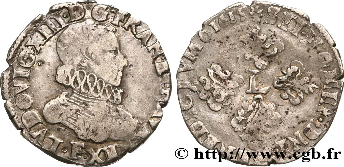 LOUIS XIII  Demi-franc, grande tête nue adolescente au col fraisé 1615 Angers q.BB