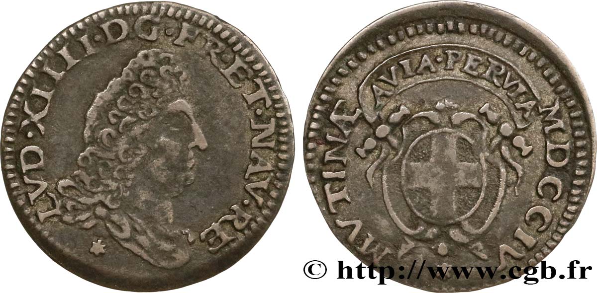 ITALY - MODENA - LOUIS XIV  THE SUN KING  Pièce de deux bolognins ou dixième de livre de Modène 1704 (MDCCIV) Modène MBC/MBC+