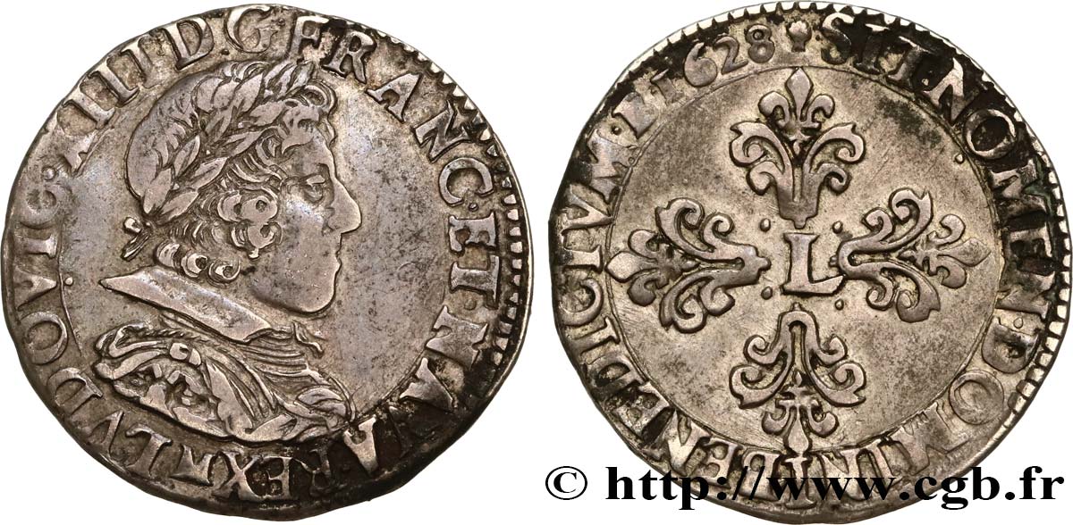 LOUIS XIII  Demi-franc au buste juvénile lauré au petit col plat 1628 Toulouse BB