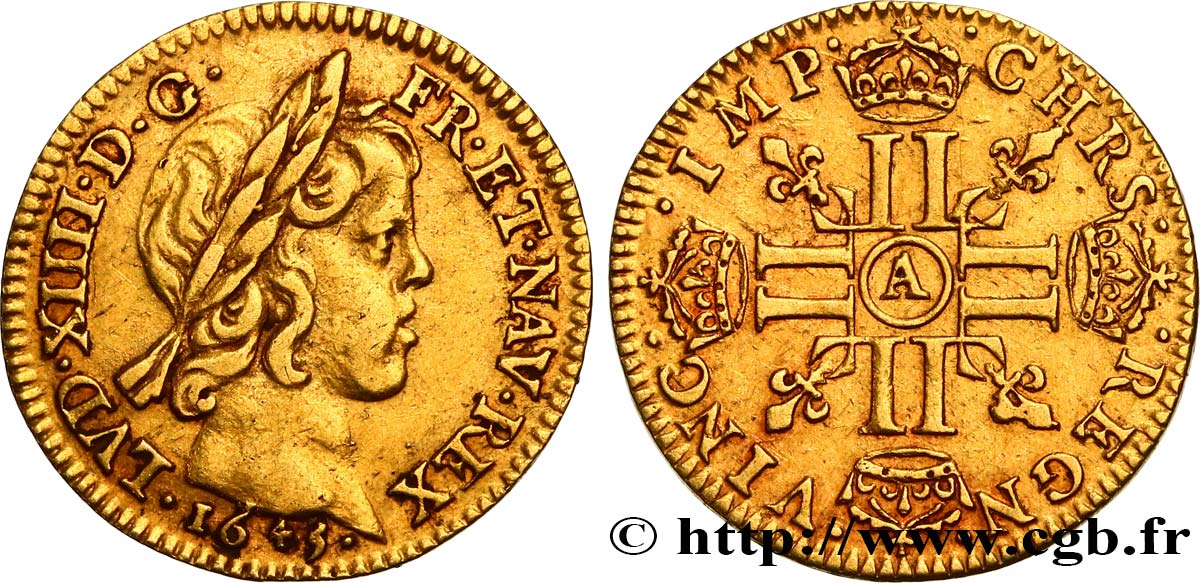 LOUIS XIV  THE SUN KING  Demi-louis d or aux huit L, portrait à la mèche courte 1645 Paris AU/AU