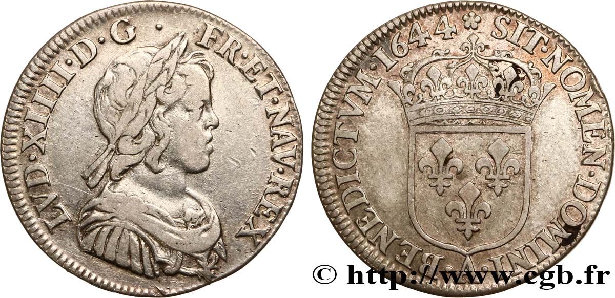 LOUIS XIV LE GRAND OU LE ROI SOLEIL Quart d écu, portrait à la mèche courte 1644 Paris, Monnaie de Matignon TB+