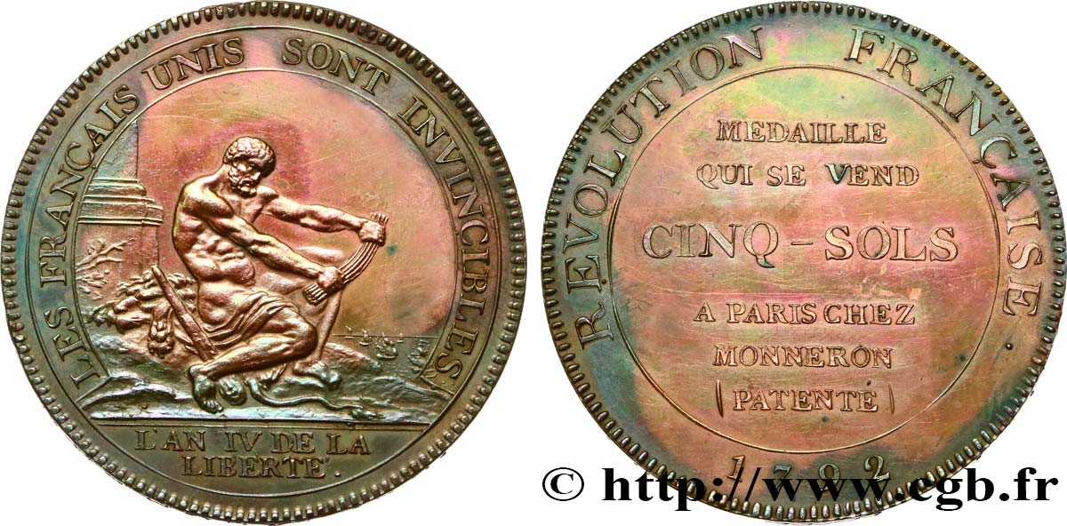 REVOLUTION COINAGE Monneron de 5 sols à l Hercule, frappe monnaie 1792 Birmingham, Soho VZ/fVZ