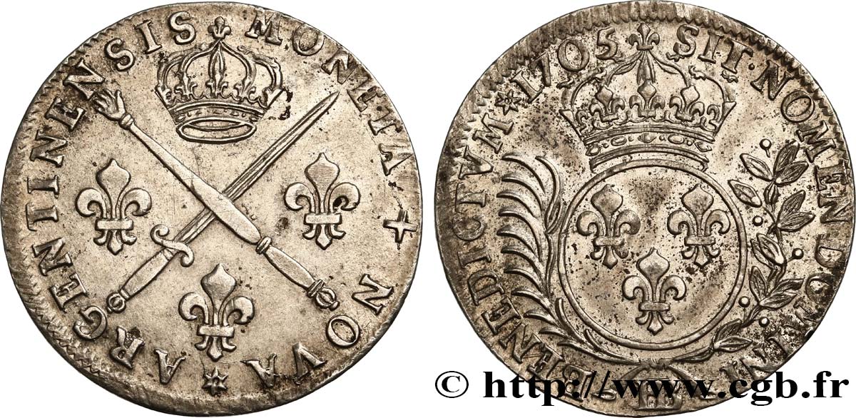 LOUIS XIV  THE SUN KING  Trente-trois sols aux insignes 1705 Strasbourg VZ