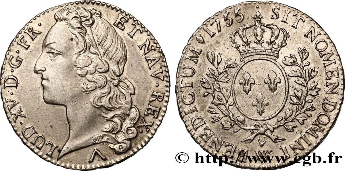 LOUIS XV  THE WELL-BELOVED  Demi-écu aux branches d’olivier, tête ceinte d’un bandeau 1755 Lille AU