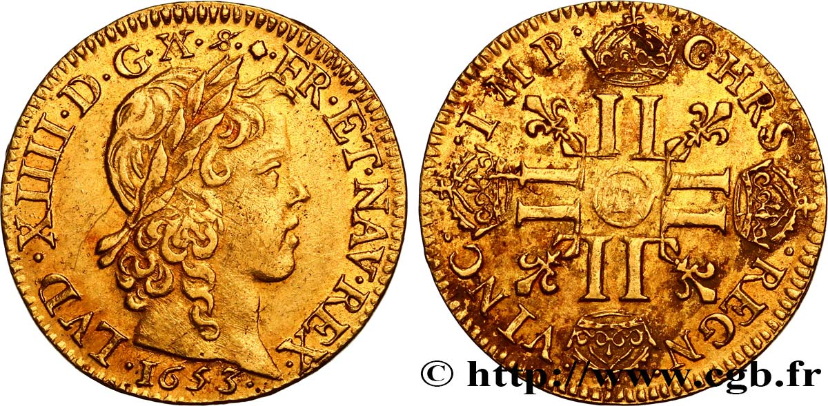 LOUIS XIV  THE SUN KING  Louis d’or aux huit L, portrait à la mèche longue 1653 Lyon SPL/BB