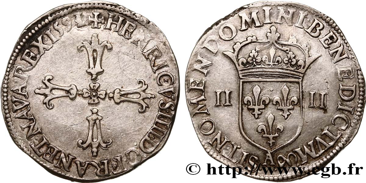 HENRY IV Quart d écu, croix feuillue de face 1591 Compiègne fVZ