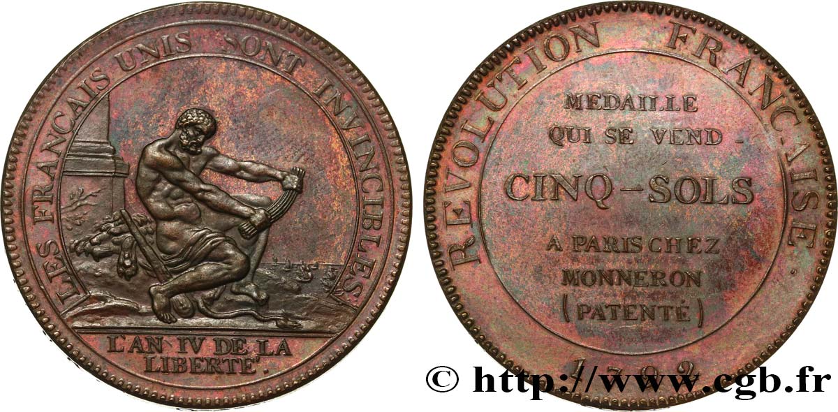 REVOLUTION COINAGE / CONFIANCE (MONNAIES DE…) Monneron de 5 sols à l Hercule, frappe médaille 1792 Birmingham, Soho MS