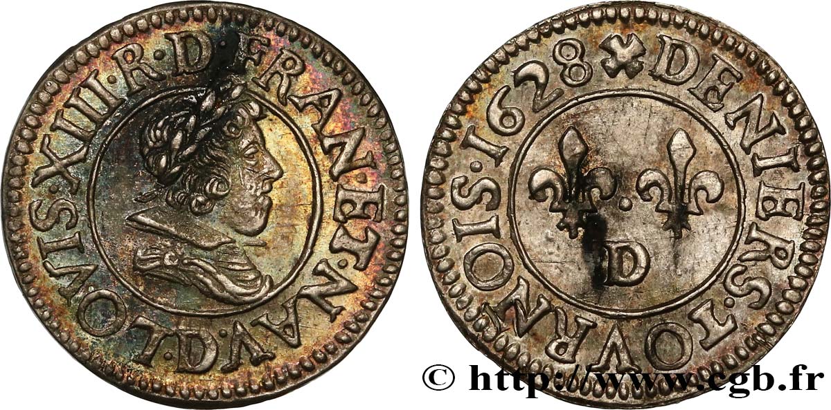 LOUIS XIII  Denier tournois en argent 1628 Lyon VZ