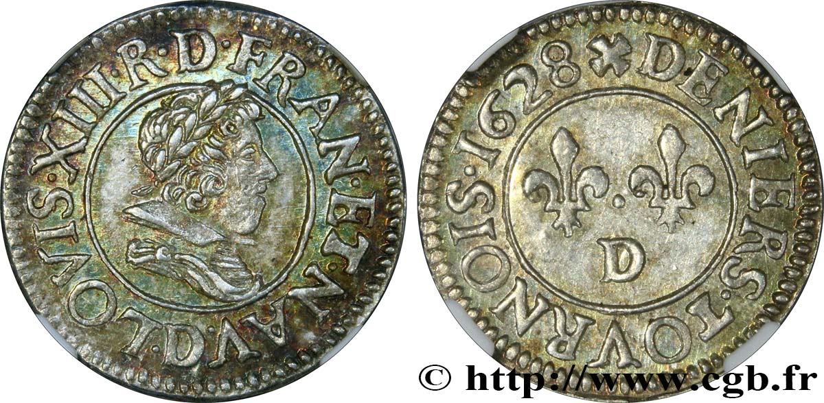 LOUIS XIII Denier tournois en argent 1628 Lyon MS
