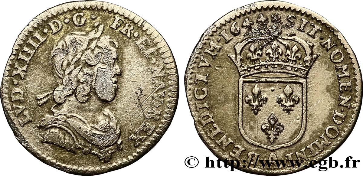 LOUIS XIV  THE SUN KING  Quarante-huitième d écu à la mèche courte et légende longue (essai) 1644 Paris, Monnaie de Matignon BC+/MBC