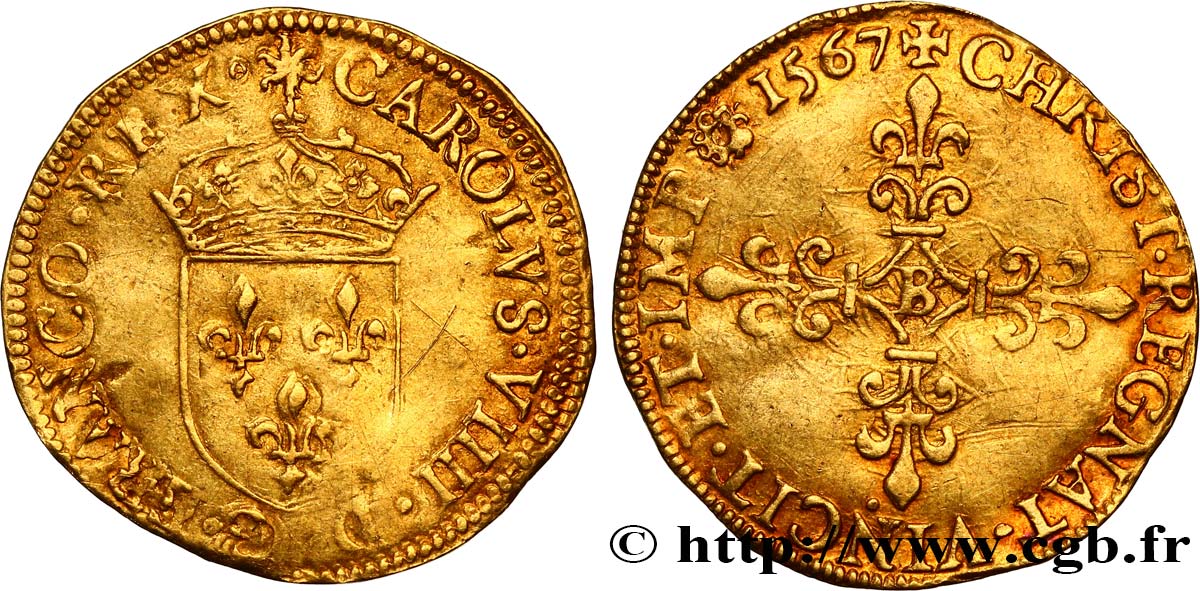 CHARLES IX Écu d or au soleil, 1er type 1567 Rouen TB+