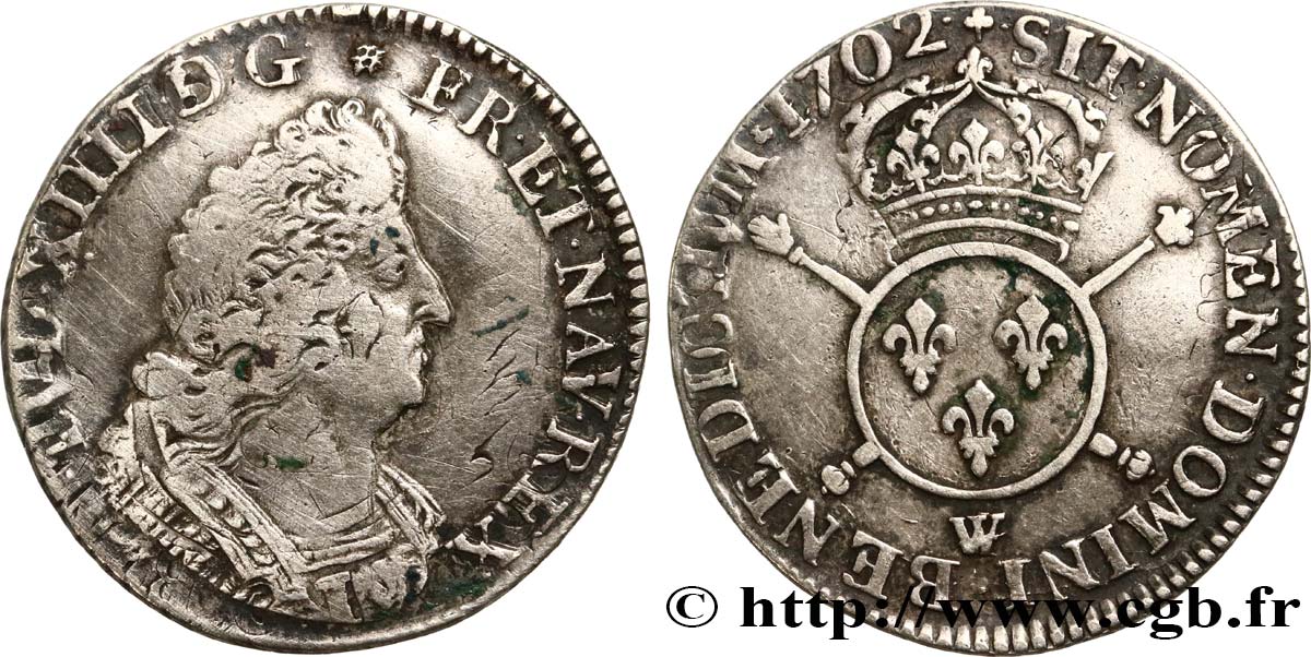 LOUIS XIV  THE SUN KING  Quart d écu aux insignes 1702 Lille BC+/MBC