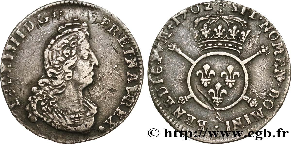 LOUIS XIV  THE SUN KING  Douzième d écu aux insignes 1702 Paris VF
