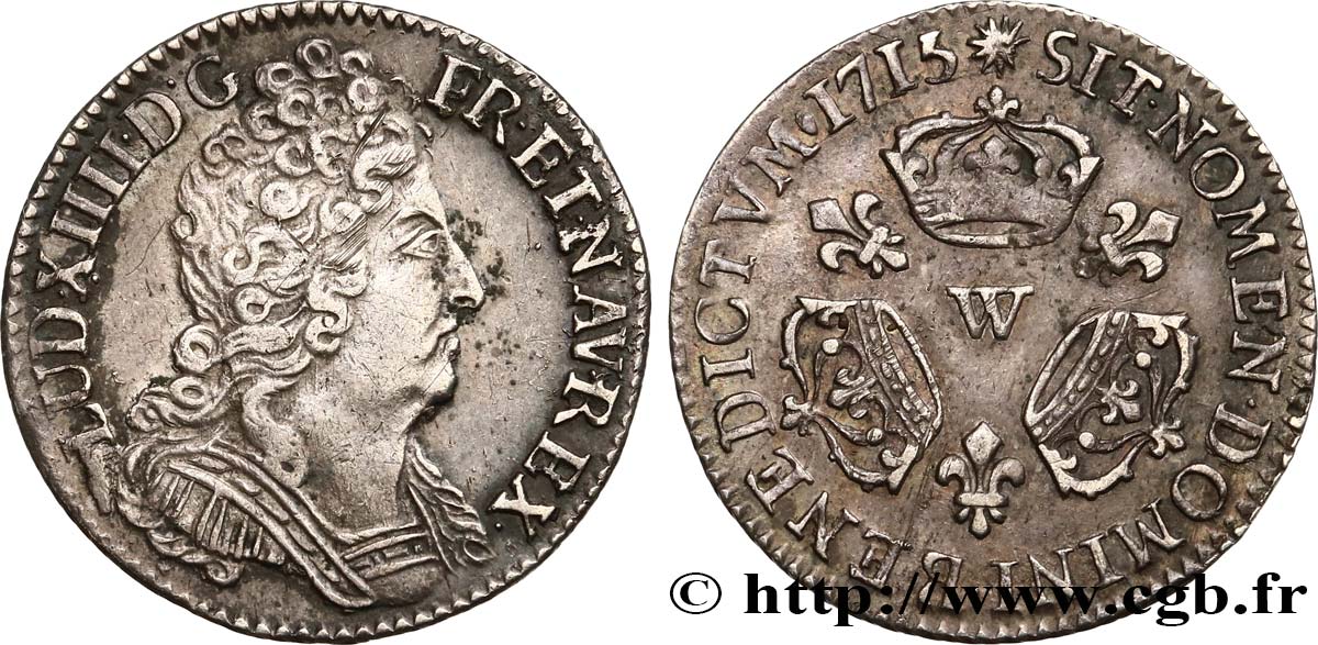 LOUIS XIV  THE SUN KING  Dixième d écu aux trois couronnes 1715 Lille fVZ