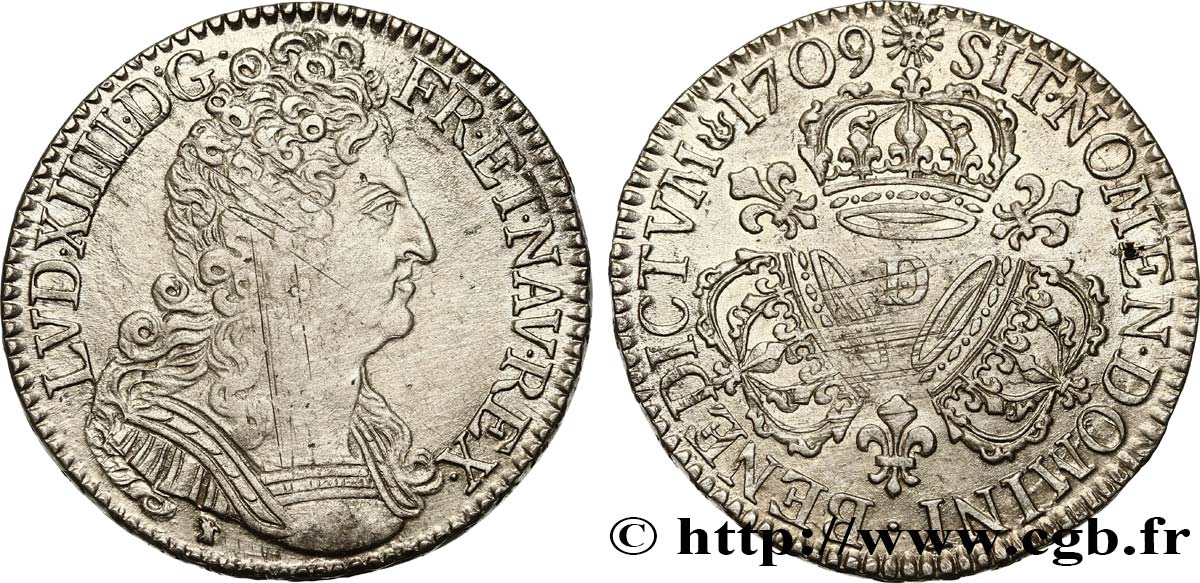 LOUIS XIV  THE SUN KING  Demi-écu aux trois couronnes 1709 Lyon SS/fVZ