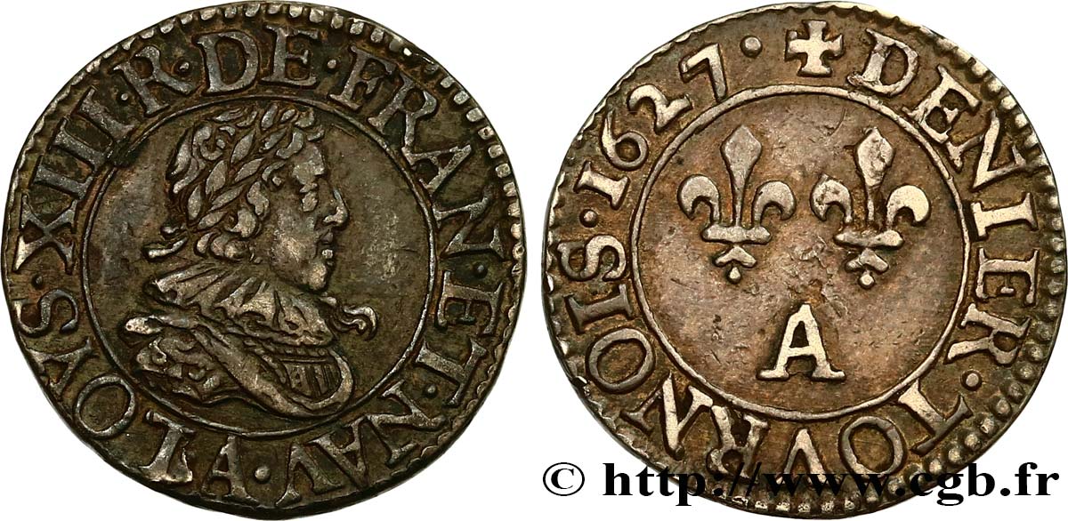 LOUIS XIII Denier tournois, type 4, en argent 1627 Paris AU