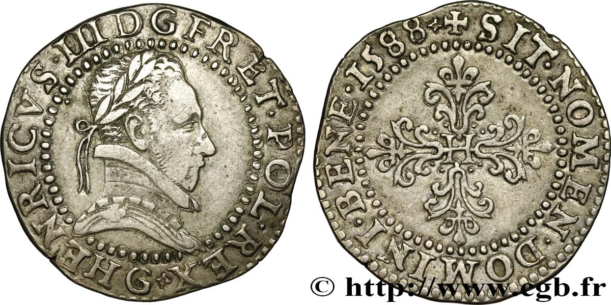 HENRY III Demi-franc au col plat 1588 Poitiers AU/AU