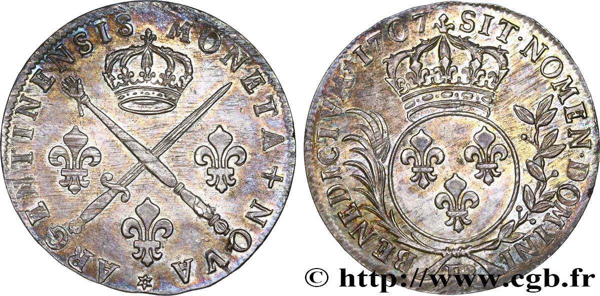 LOUIS XIV  THE SUN KING  Trente-trois sols aux insignes 1707 Strasbourg AU/AU